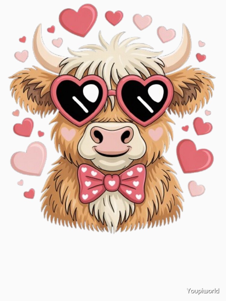 Cute Highland Cow Valentine T-Shirt | Fluffy Cow with Hearts Shirt | Farm Animal Valentine Gift by Youpiworld