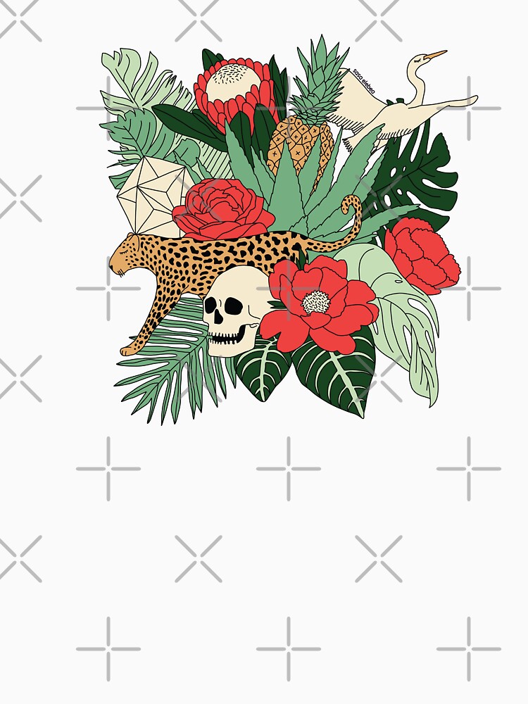 Floral tropical leaves and fruits with bird, leopard and skull by Sasa Elebea by Sabrina Brugmann