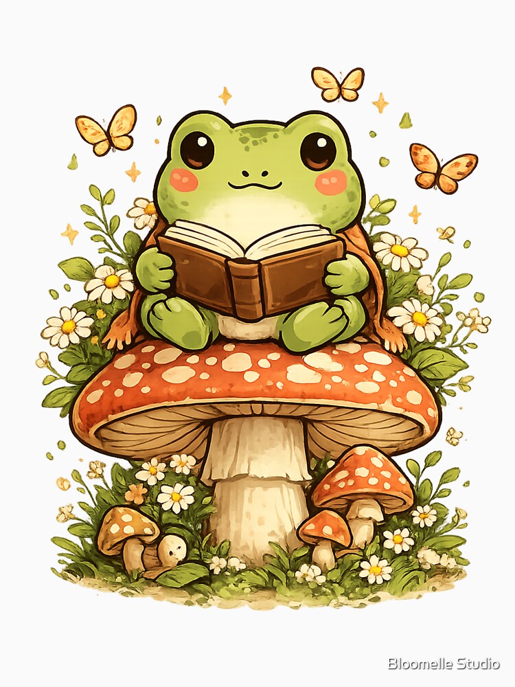 Cute Frog Reading Book on Mushroom by Bloomelle Studio