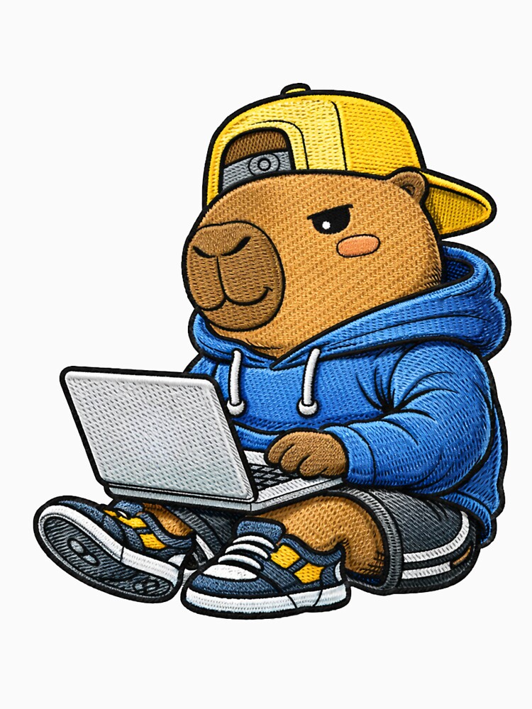 Cute Remote Work Capybara Using Laptop – Kawaii Digital Nomad Capybara Embroidered Patch Style by ColorSplash123