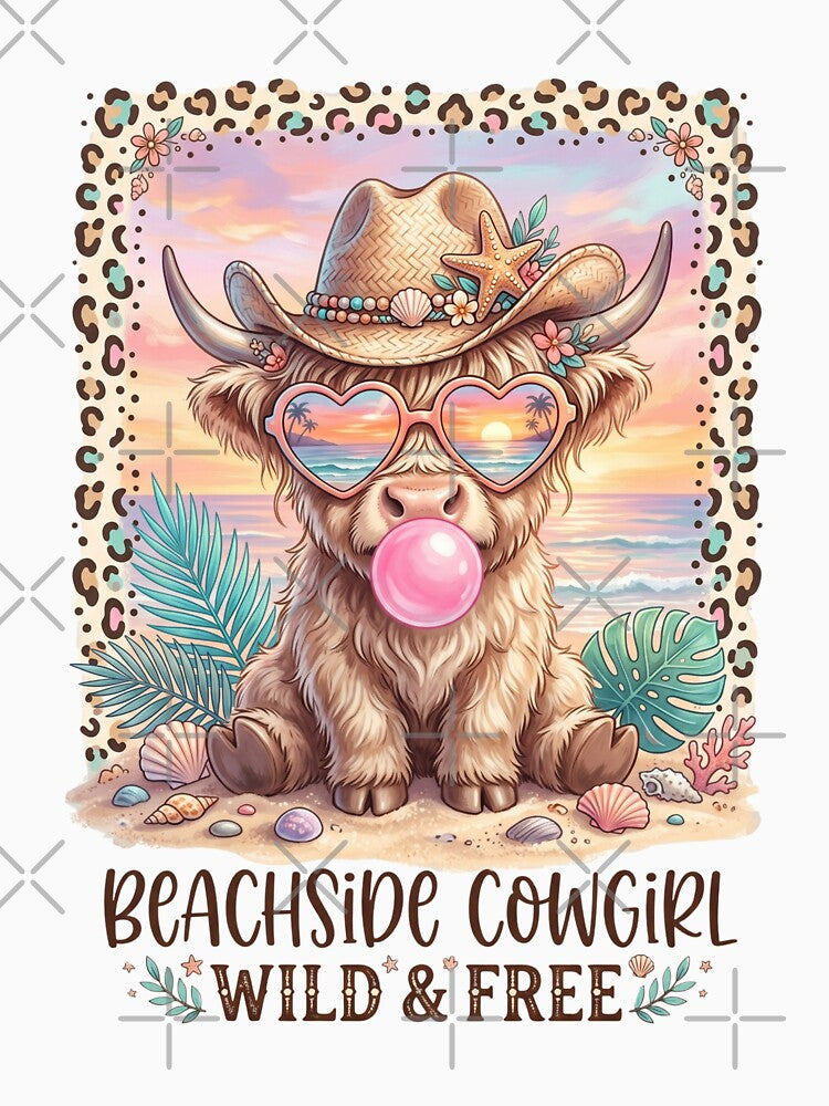 Highland Cow Beachside Cowgirl Wild and Free Tropical Summer by dudelinart