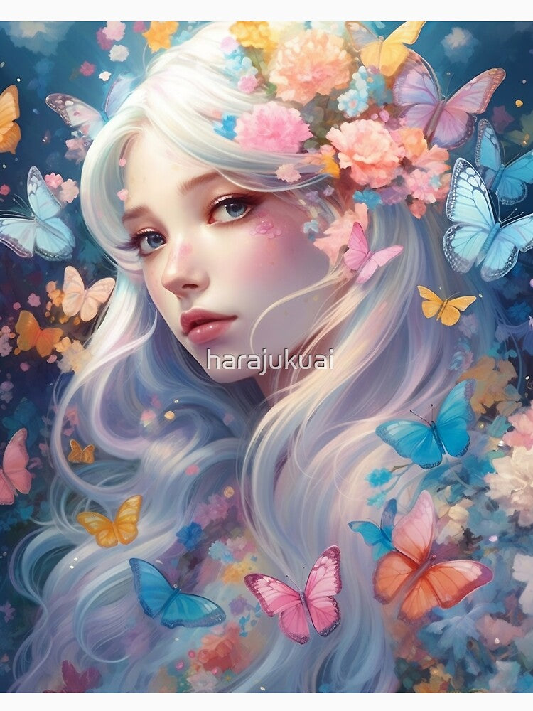 Dreamy Girl Portrait with Long White Hair and Colourful Butterflies #1 by harajukuai