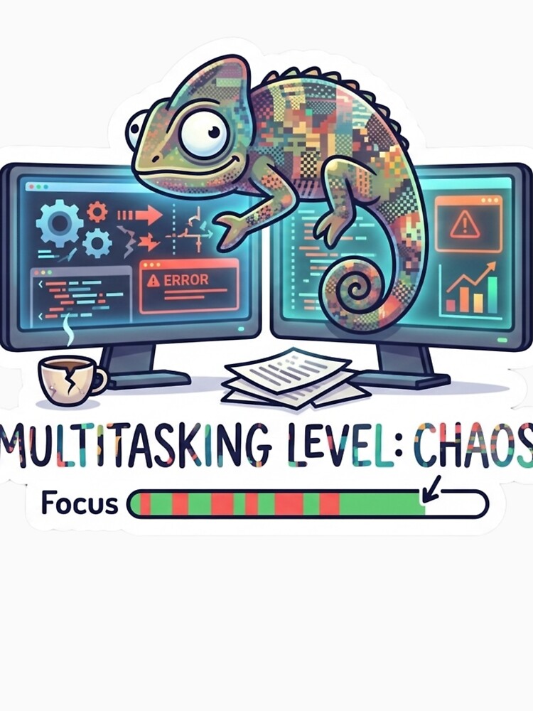 Multitasking Level Chaos Funny Remote Work Developer Sticker by ZYNORAworld