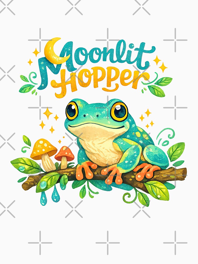 Moonlit Hopper Cute Frog on Branch with Mushrooms by inkoutninja