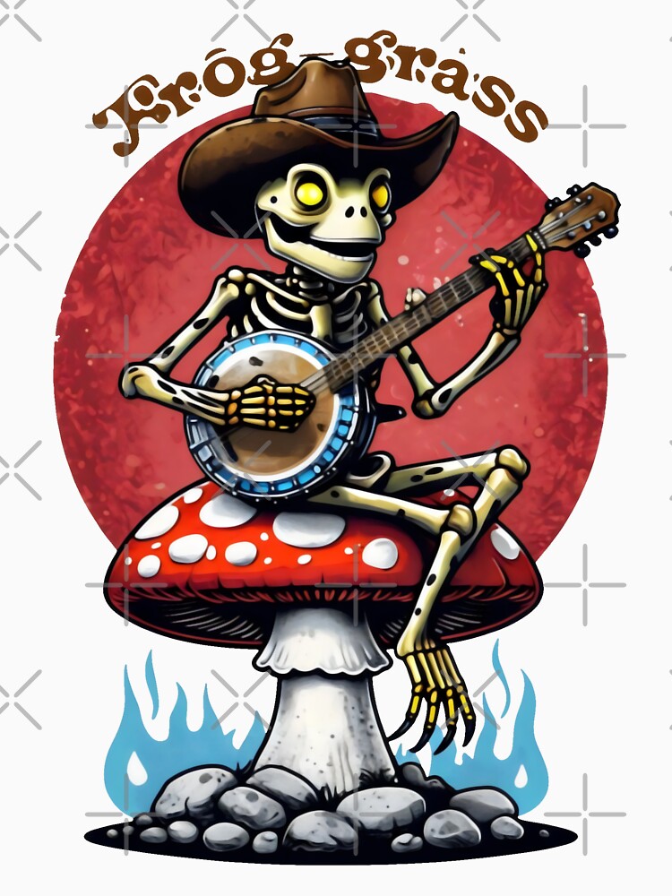 Skeleton Frog in Cowboy Hat Playing Banjo on Mushroom by SplashTastic