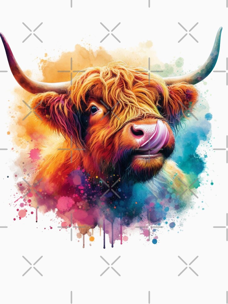 Scottish Highland Cow Colorful Watercolor by MaedK