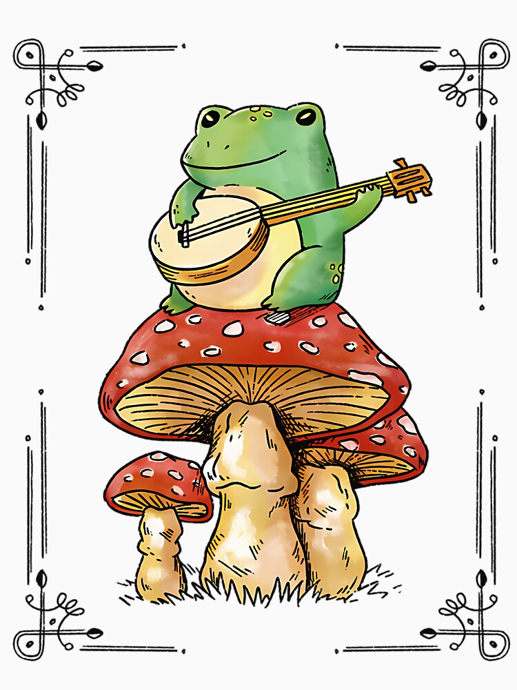 Cottagecore Frog Playing Banjo On Mushroom by razlinesenowp