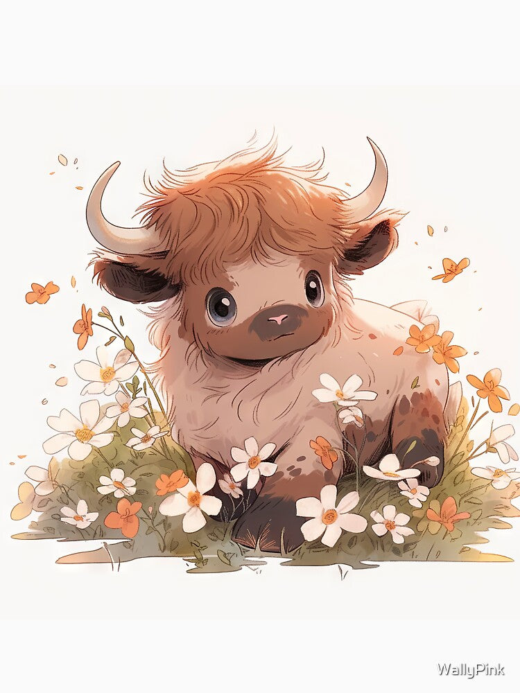 Cute highland cow calf baby in kawaii manga anime style by WallyPink