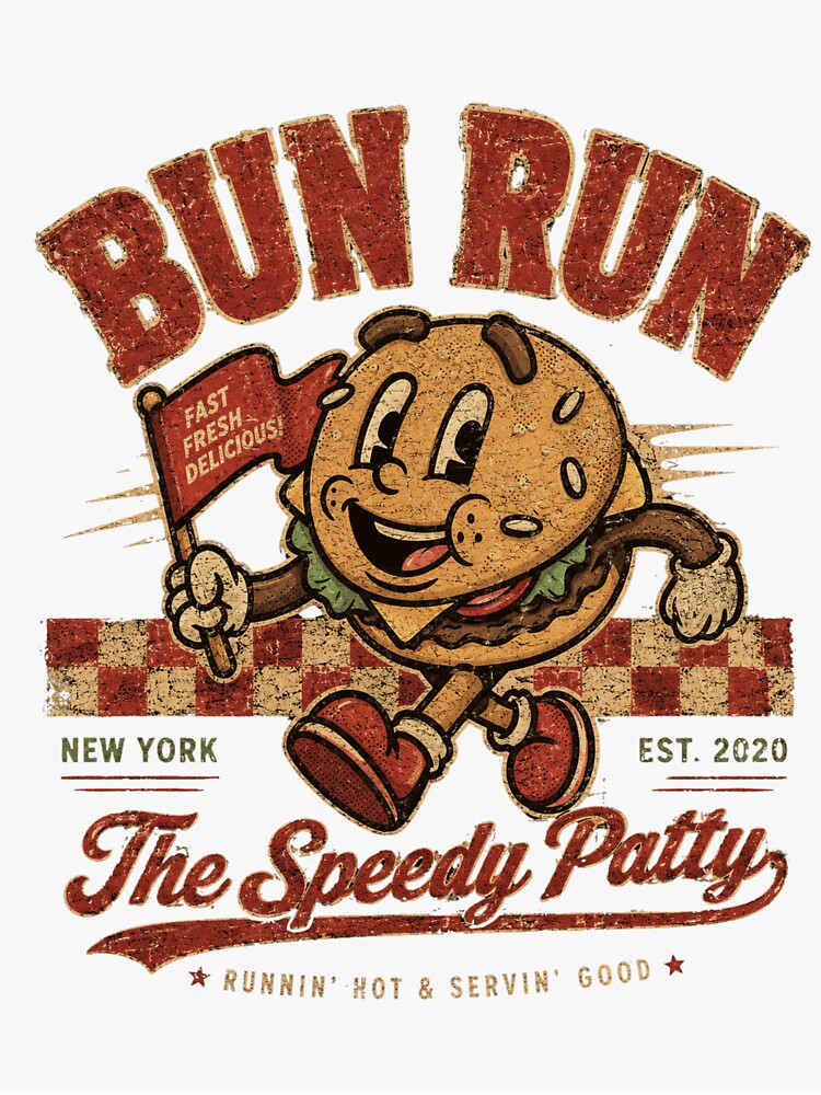 Retro Burger Mascot – Bun Run The Speedy Patty Vintage Fast Food Cartoon by Denskie