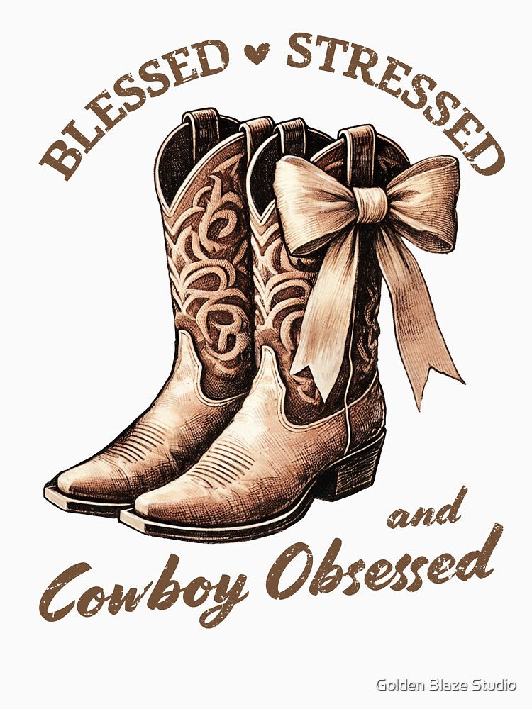 Blessed Stressed and Cowboy Obsessed – Western Cowgirl Boots Graphic, Rustic Country Cowgirl Art by Golden Blaze Studio