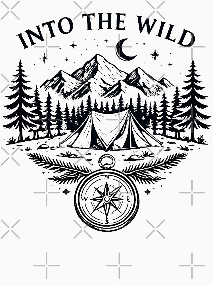 Into The Wild Camping Line Art, Mountain, Adventure, Compass by HumanMess