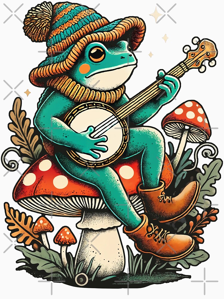Whimsical Banjo-Playing Frog on Toadstool Cottagecore Woodland Design by Victor Shadehorn