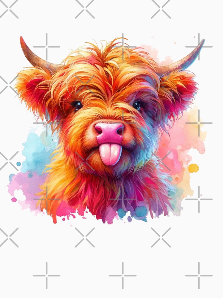 Cute Scottish Baby Highland Cow Calf Sticking Out Tongue Colorful Watercolor by MaedK