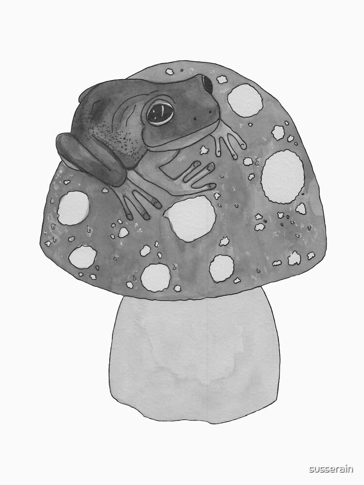 Green bnw tropical frog on red mushroom by susserain