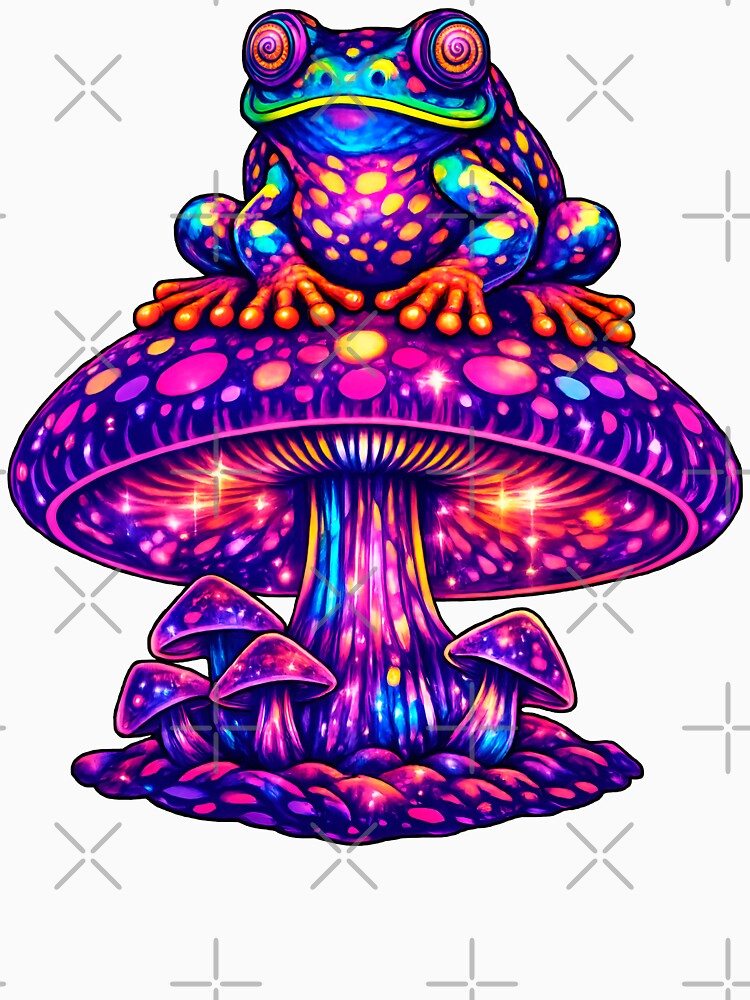 Psychedelic Frog on Magic Mushroom – Trippy Neon Cosmic Frog Illustration by RustedToad