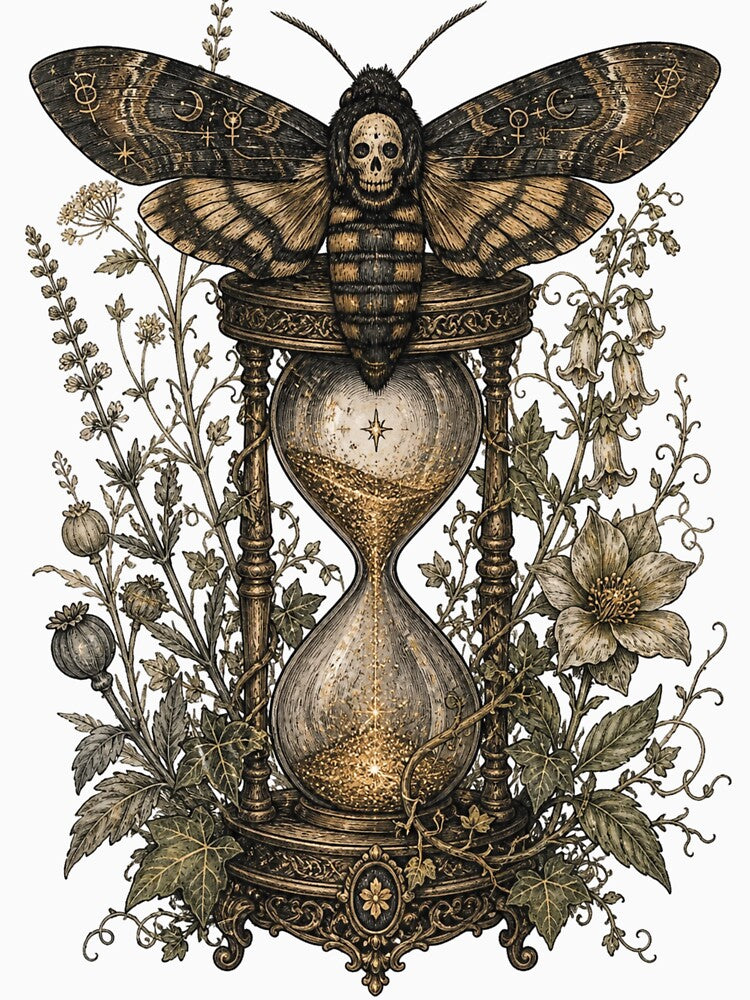 Vintage Mystical Hawkmoth & Hourglass - Dark Academia Celestial Art by Horizon Prime