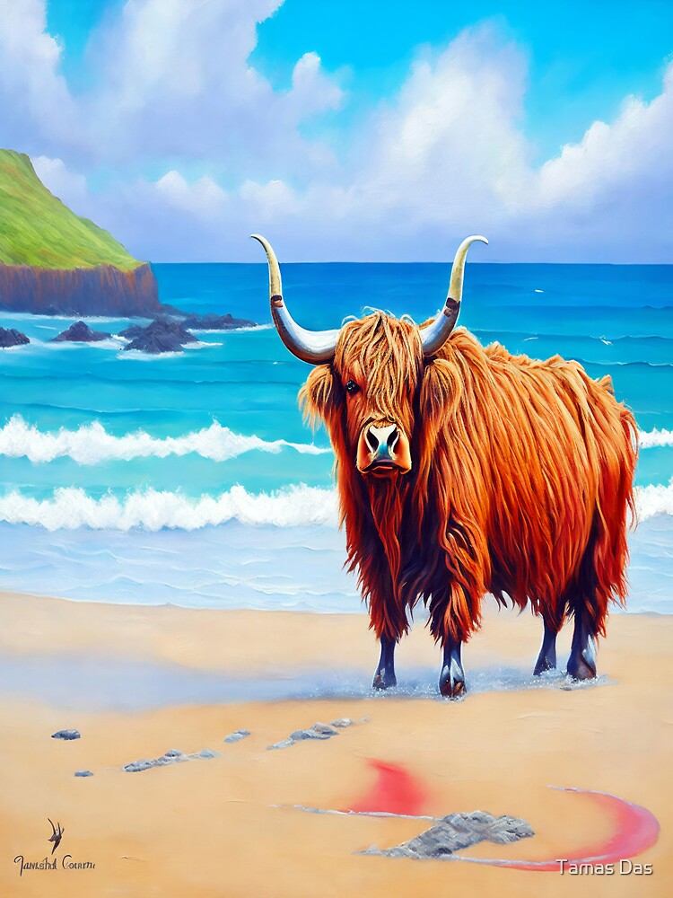 Funny Painting Of Highland Cattle in Hawaii Beach by Tamas Das