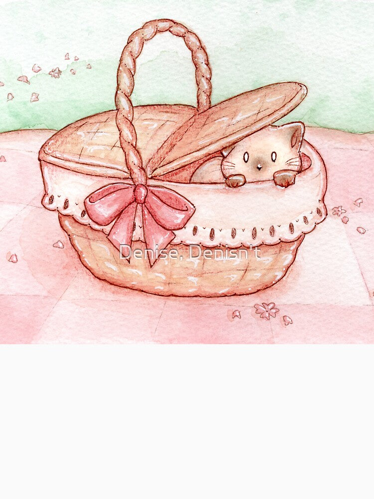 Cat in a picnic basket with pink gingham blanket by Denise, Denisn't