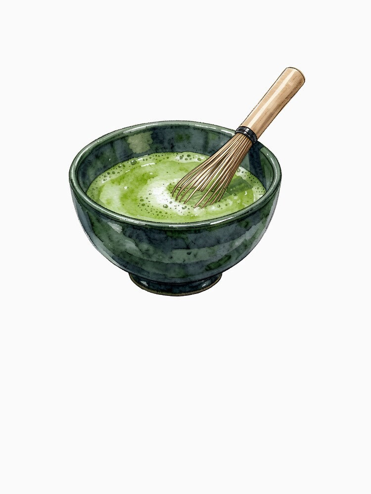 Traditional Watercolor Matcha Green Tea Bowl & Bamboo Whisk by LuminaArtRO