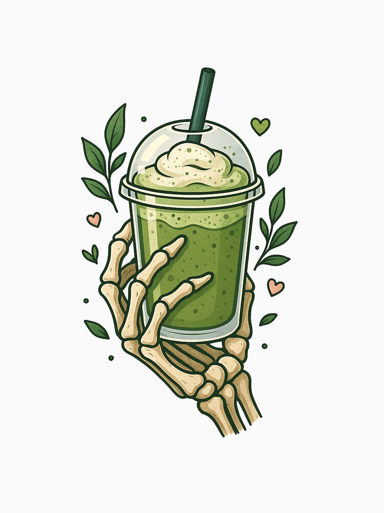 "Skeleton Hand with Matcha Latte – Aesthetic Green Drink Art" by ColorSplash123