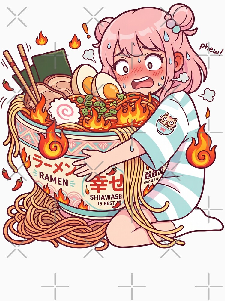 Cute Girl Eating Spicy Ramen Fire Challenge Funny Food Humor Kawaii Reaction Design by Im-Ara