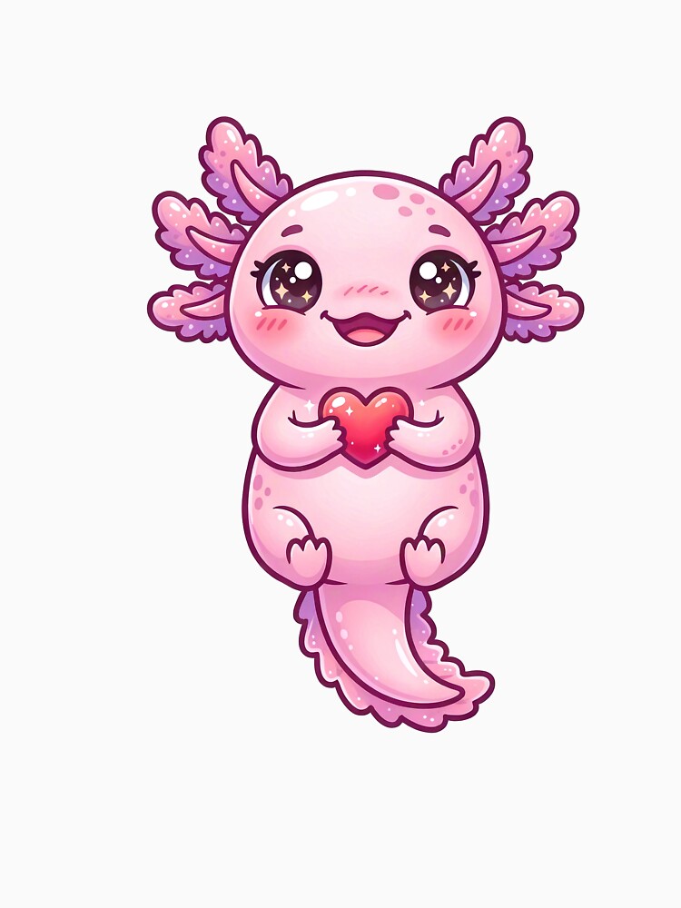 Cute Pink Axolotl Holding Heart Kawaii Cartoon Sticker by Infinite Art Lab