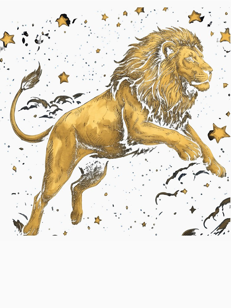 Celestial Lion Gold & Navy - Leo Zodiac Starry Night Illustration by Taha Art Designs