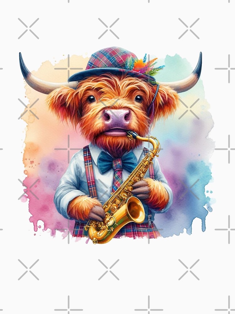 Scottish Highland Cow playing Jazz on the Saxophone Colorful Watercolor by MaedK