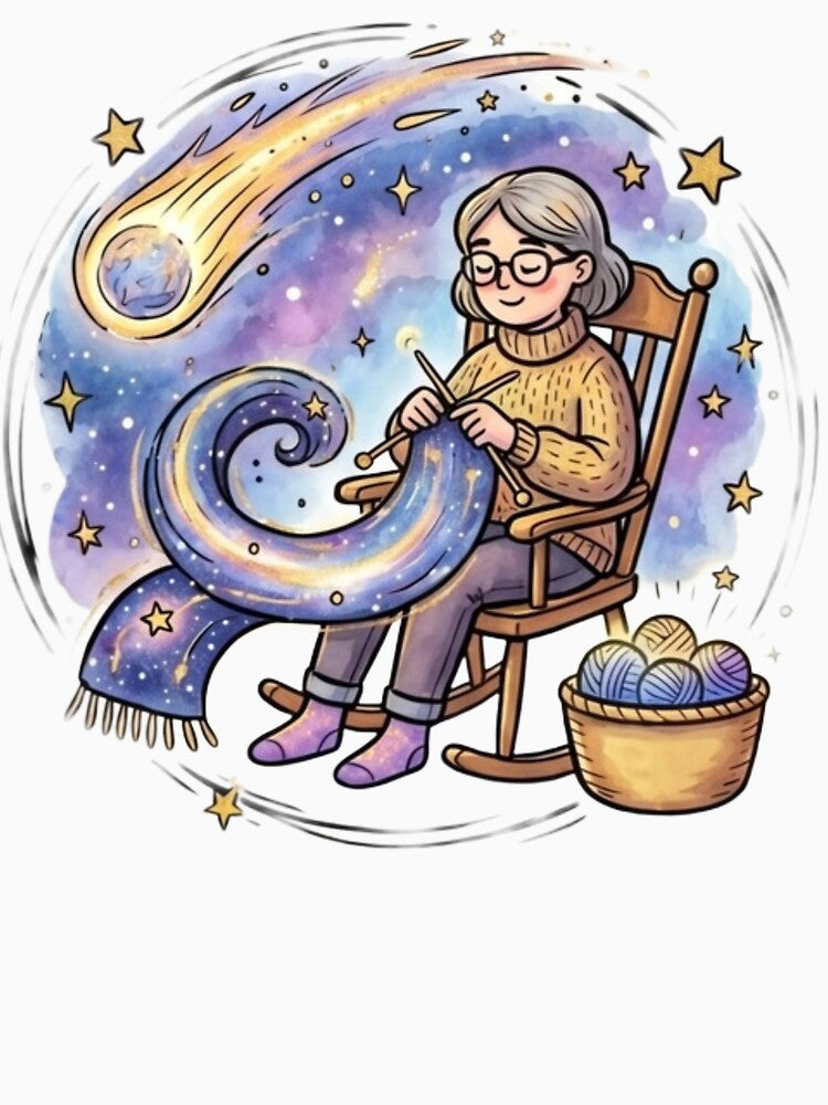 Knitting Gift | Cosmic Knitter Grandma Space Art | Cute Kawaii Galaxy Hobby | Grandma Birthday Present | Cozy Craft Room Decor by Cosmic Doodle Co.
