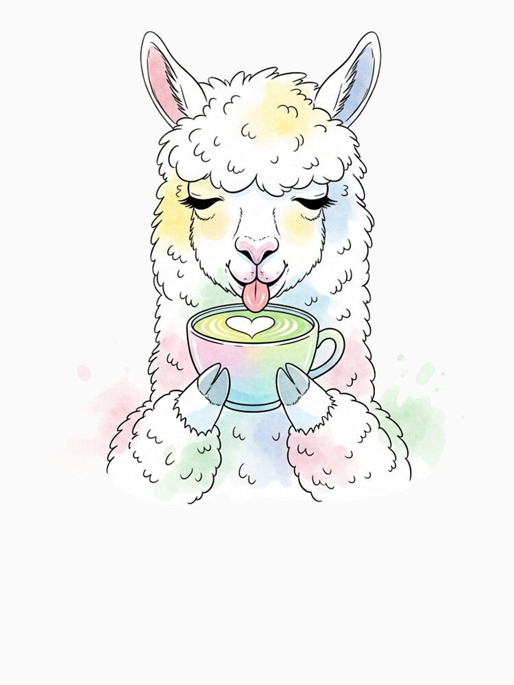 Cute Llama Drinking Matcha Latte – Kawaii Watercolor Sticker by MongOficial