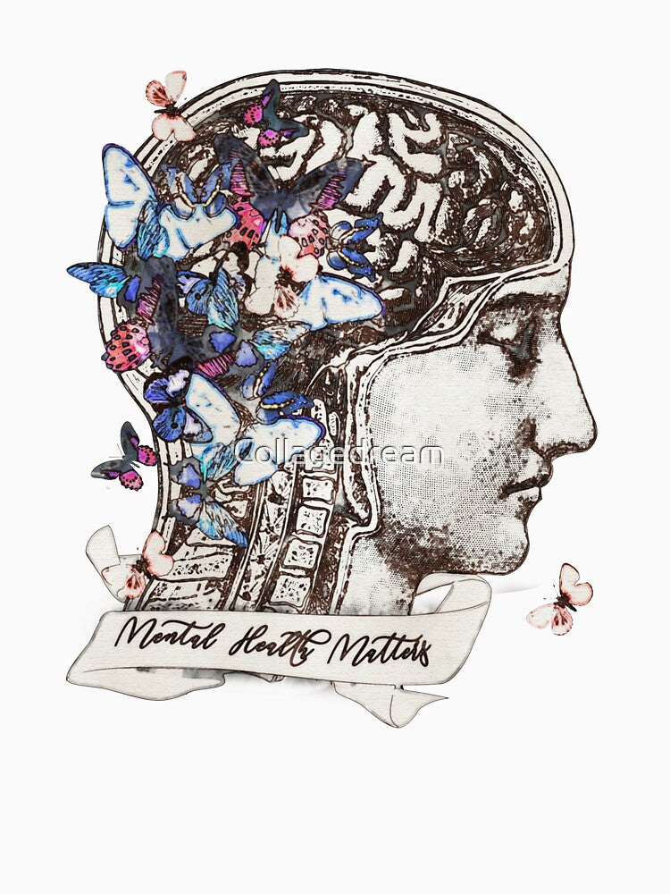 Brain watercolor butterflies floral mental health, brain psychology, mental health matters by Collagedream
