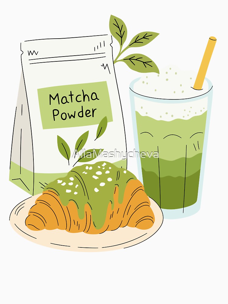 Cute Matcha Latte and Croissant Cafe Aesthetic by AllaMashycheva