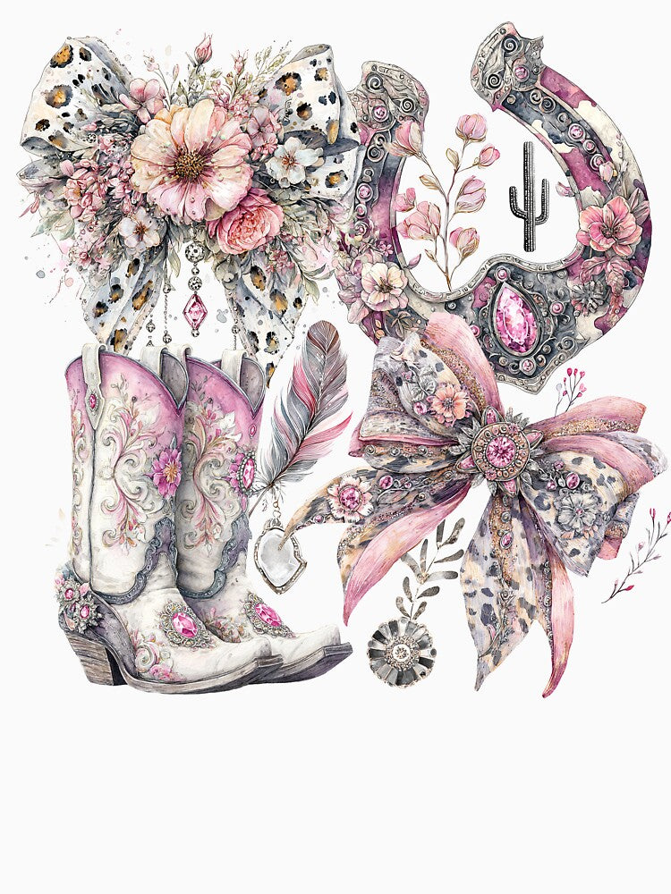 Pink Boho Cowgirl Boots Horseshoe Floral Design by EnlivenDesigns