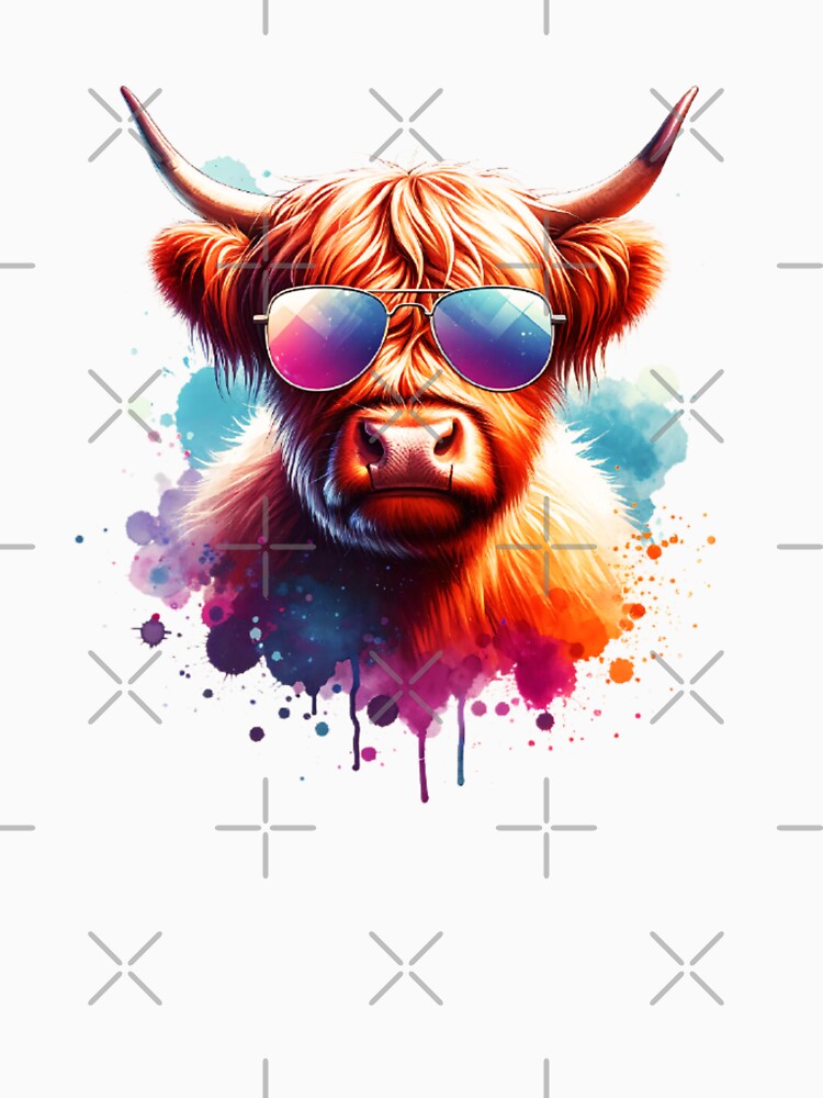 Watercolor Scottish Highland Cow Wearing Sunglasses by TheAnimalZ00