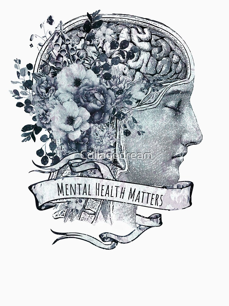 Brain blue anatomy floral mental health, brain psychology, Vintage style, mental health matters by Collagedream