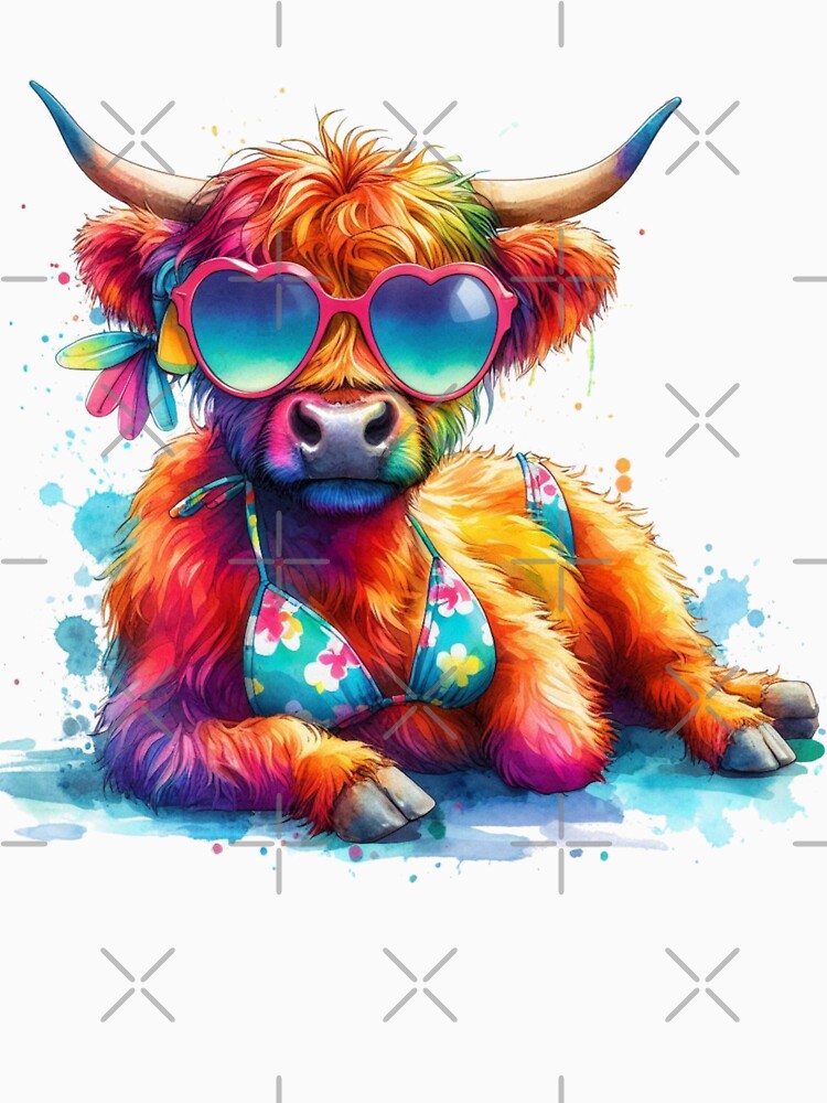 Scottish Highland Cow on Vacation Sunbathing in Shades and Bikini Colorful Watercolor by MaedK