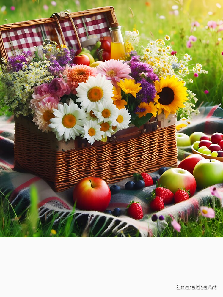 Sunny Picnic Aesthetic – Plaid, Basket Fruits in Field by EmeraldeaArt