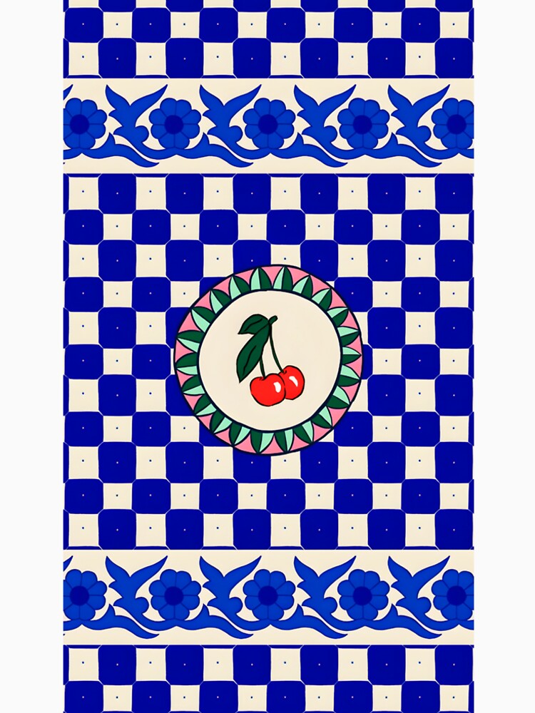 Blue Checkerboard Cherry Retro Pattern by Peac7e