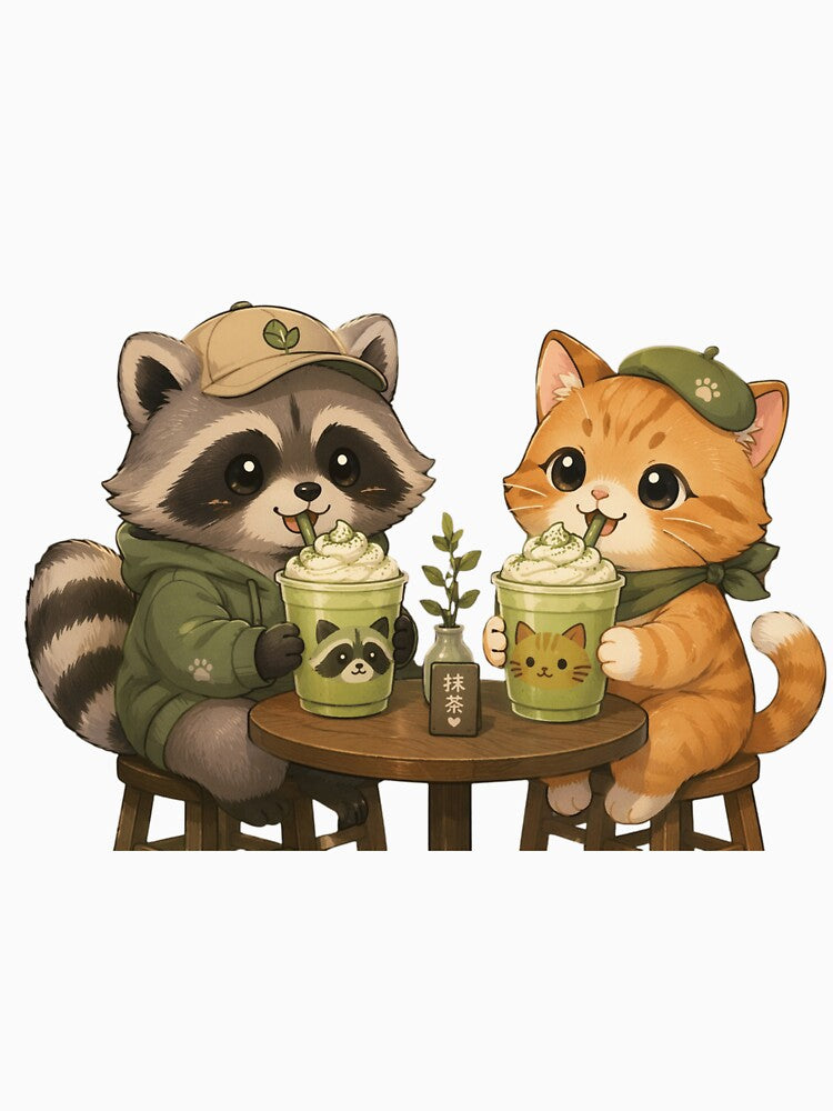 Matcha Cat & Raccoon Café T-Shirt | Matcha Kawaii by Ashley critters