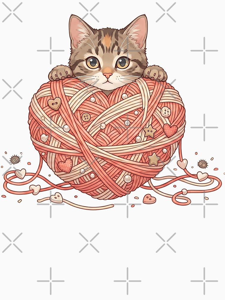 Cute Kitten Heart Ball of Yarn Knitting by CrystalMineArts