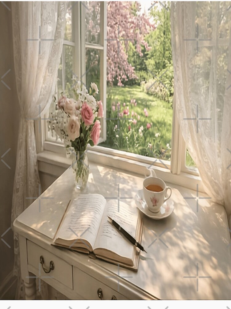 Spring Writing Nook - Romantic Tea Garden Window View Art by ArtFreshStudio