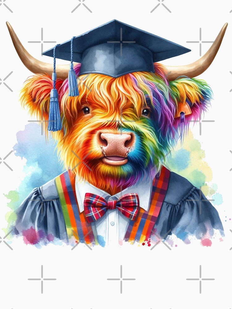 Cute Scottish Highland Cow Calf Graduation Colorful Watercolor by MaedK