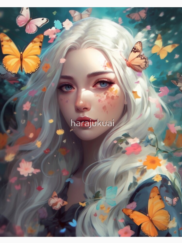 Dreamy Girl Portrait with Long White Hair and Colourful Butterflies #2 by harajukuai