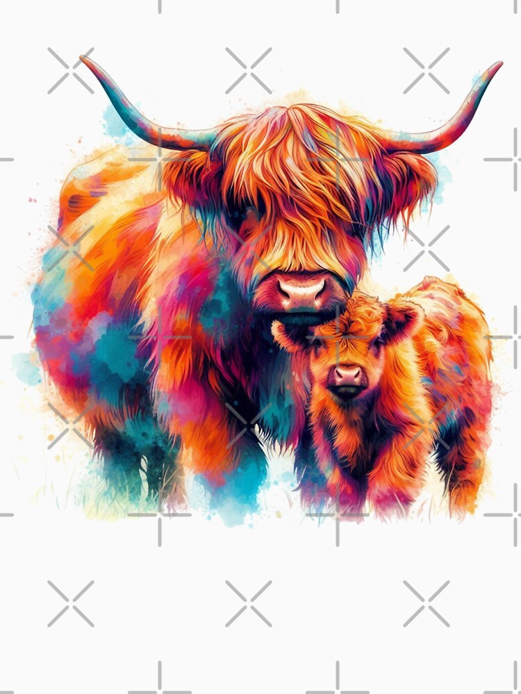 Scottish Highland Cow and Calf Colorful Watercolor by MaedK
