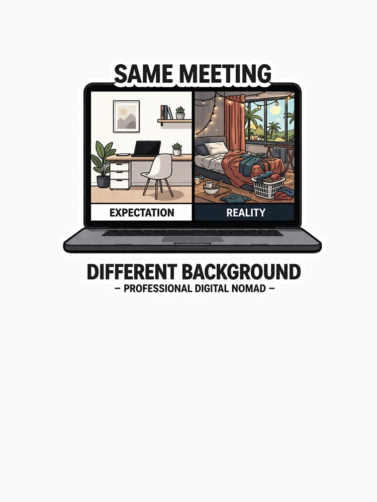Funny Remote Work Design – Same Meeting Different Background, Work From Home Humor, Digital Nomad Joke, Expectation vs Reality Sticker PNG by ZYNORAworld