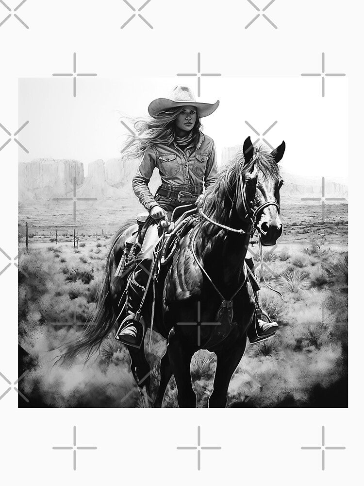 Western Cowgirl Riding Horse in Desert | Black and White Southwest Art by inkoutninja