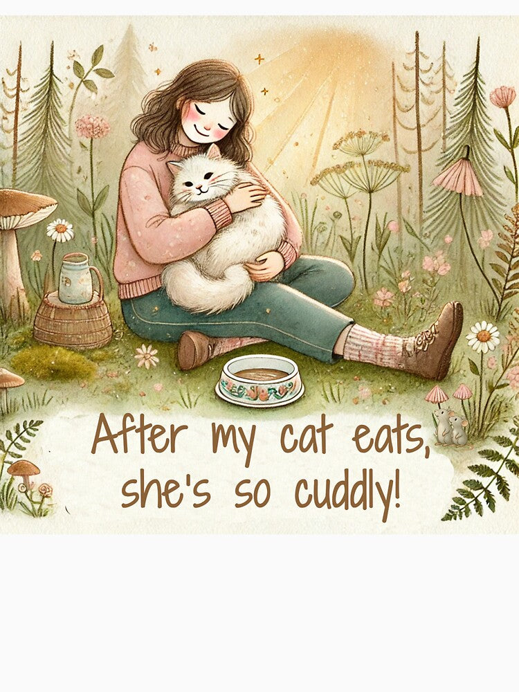 After My Cat Eats, She’s So Cuddly – Wholesome Cottagecore Cat Art by Swiftthistle