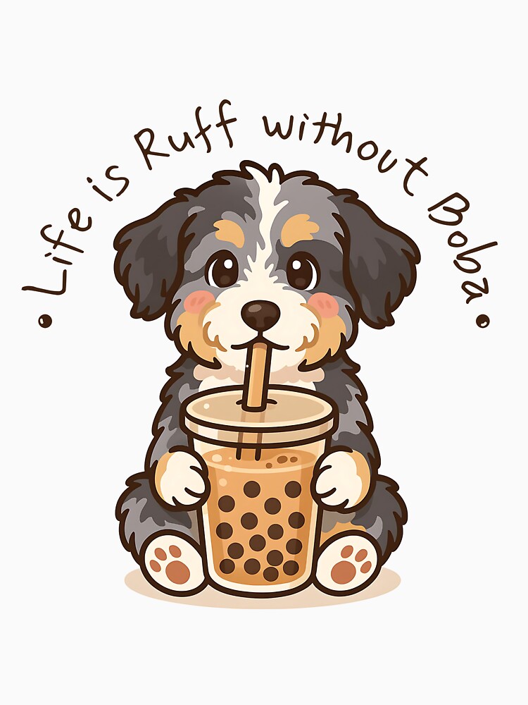 Cute Aussie Doodle Puppy Drinking Boba Tea - Life is Ruff Pun by Balasan