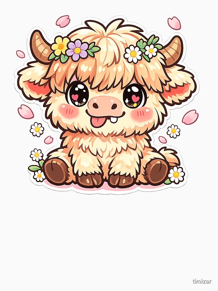 Kawaii Highland Cow with Flower Crown – Cute Fluffy Cow Cartoon by timizar