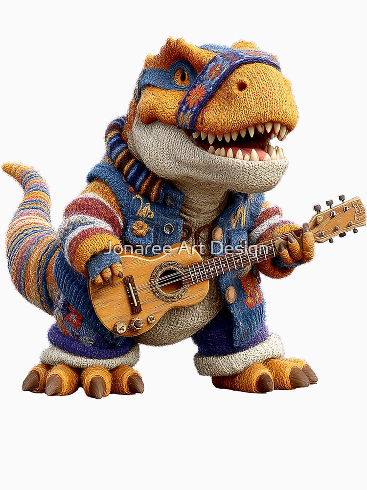 Cozy Musical Dinosaur with Guitar in Knitted Outfit by Jonaree Art Design